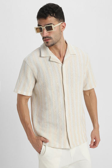 Men'S Striped Textured Crochet Short Sleeve Shirt