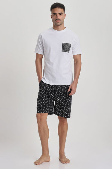 Men Two Piece Loungewear Pyjama Set - Printed T-Shirt And All Over Printed Shorts