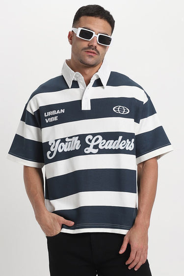 Men's Varsity Style Short Sleeve Polo Shirt  Full Striped Pattern with Embroidered Front Prints