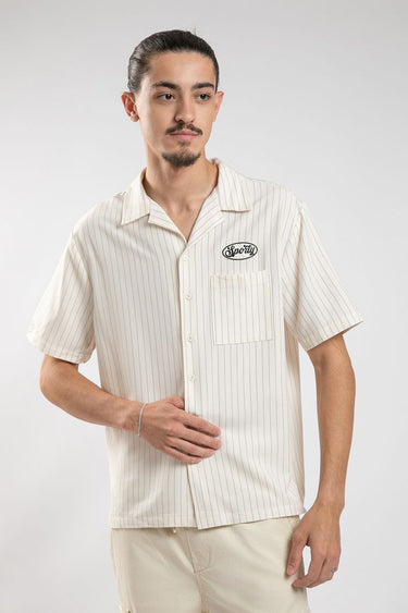 Varsity-Style Striped Short Sleeve Shirt with Embroidered Patch