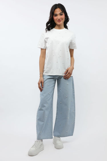 Women Jeans Pants With Pearl Beads