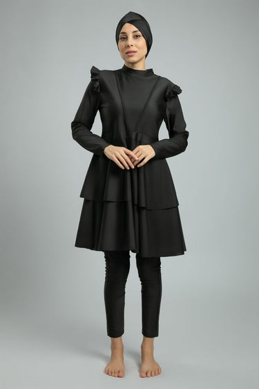 Elegant Modest Swimsuit In Solid Color With Matching Swim Cap