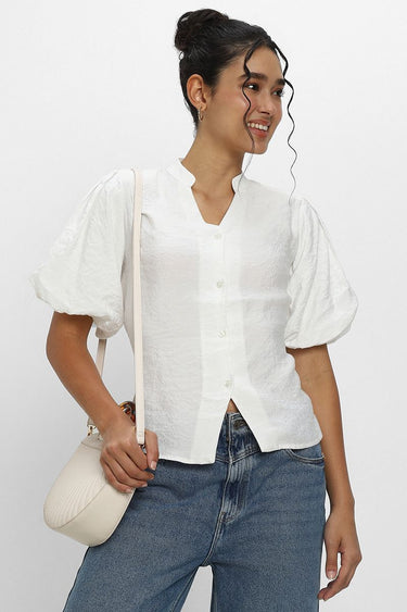 Solid Color Short Pumped Sleeves Shirt Top