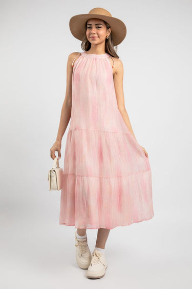 Women'S Sleeveless Summer Dress - Solid Color, Textured Fabric, Layered Hem