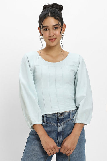 Women'S Three-Quarter Sleeve Top - Solid Color, Front Lined Trims, Elastic Back