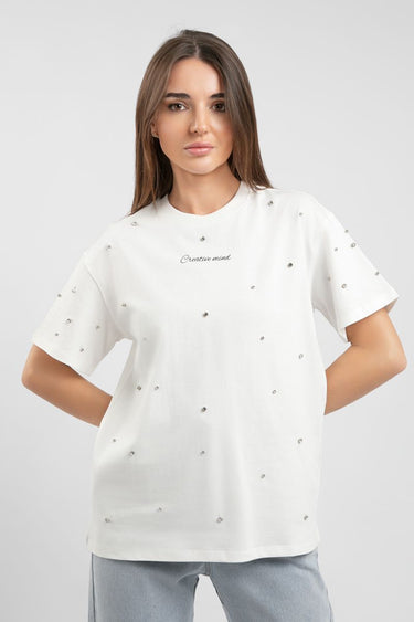 Women'S Short Sleeve T-Shirt - Rhinestone Details And Front Print