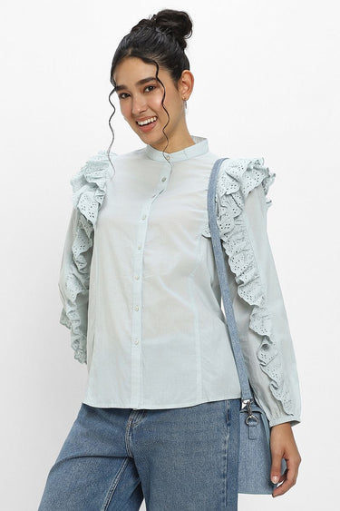 Women'S Long Sleeve Shirt - Solid Color, Embroidered Ruffle Sleeves