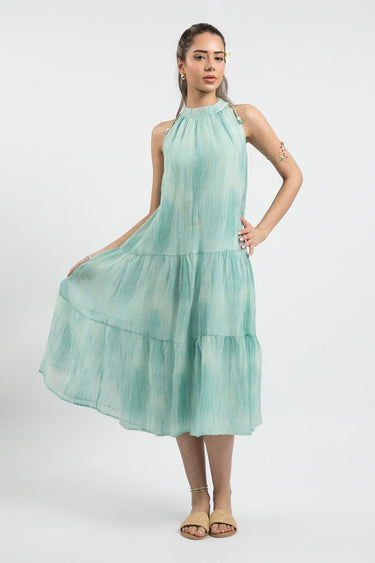 Women'S Sleeveless Summer Dress - Solid Color, Textured Fabric, Layered Hem