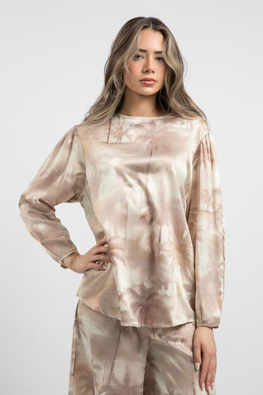 Women'S Satin Long-Sleeve Top With Printed Pattern