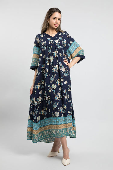 Longline Flowy Printed Summer Women'S Dress With Three Quarter Sleeves