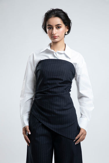 بلوزة نسائية كتف مكشوفة بتصميم غير متماثل ونقشة مخططة بسحاب جانبي