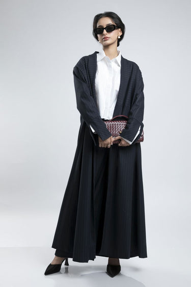 Striped Maxi Blazer With Sleeve Slits - Office Attire Style