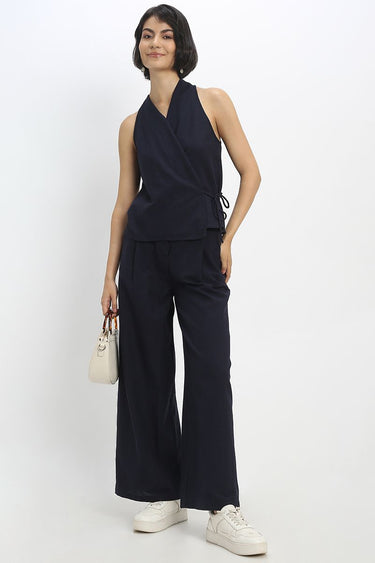 بنطلون نسائي واسع الأرجل بلون سادة بجيوب – بأسلوب رسمي أنيق