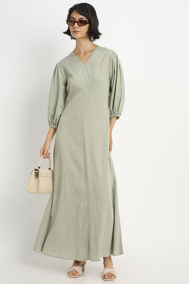 Buy now Solid Color Maxi Dress with Puffed Three-Quarter Sleeves for Women Online | Blueage Buy now Solid Color Maxi Dress with Puffed Three-Quarter Sleeves for Women Online | Blueage