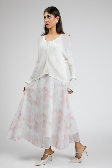 فستان شيفون مورد مع طبقة علوية محبوكة