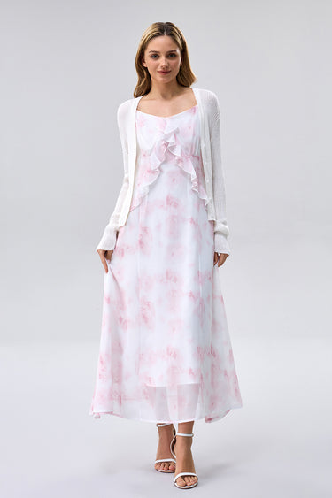 فستان شيفون مورد مع طبقة علوية محبوكة