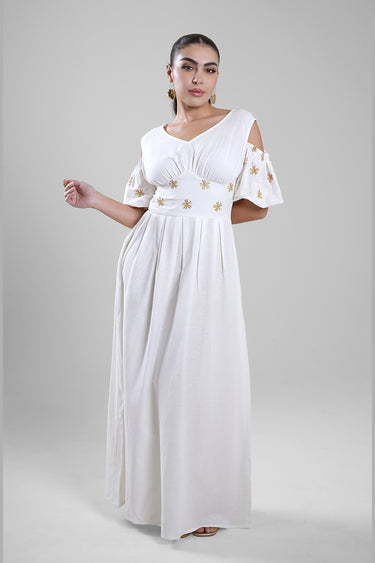 فستان نسائي طويل بقصة أكتاف مفتوحة