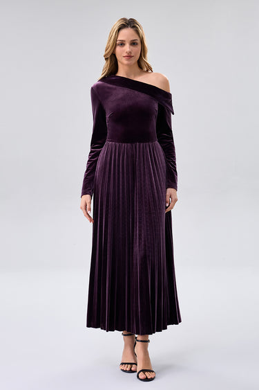 velvet one shoulder dress long sleeve Evening Dress 2026 Long Sky Blue Long Sleeves One-Shoulder