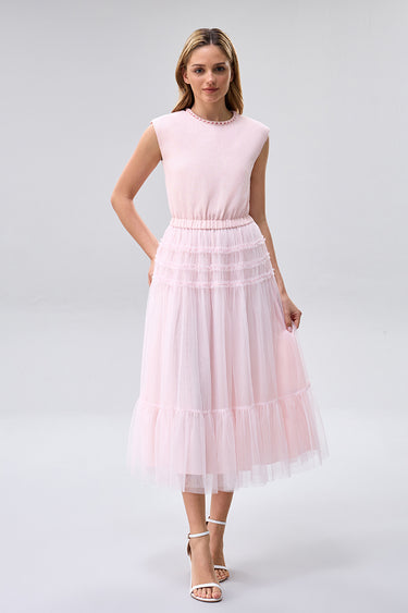 فستان ميدي بدون اكمام بتنورة تول