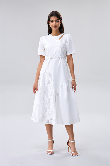 white lace panel midi dress Elegant Lace Panel Midi Dress For Women, Spring/Autumn