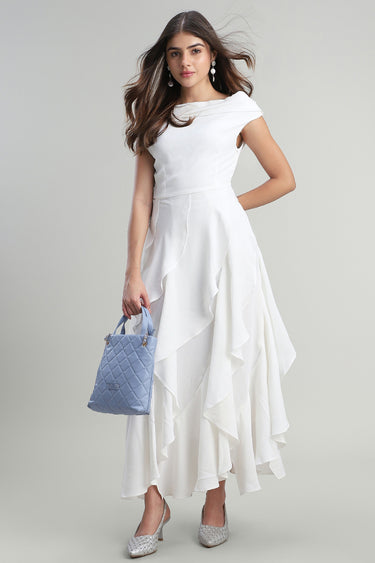 فستان ماكسي باكتاف مكشوفة وكشكش