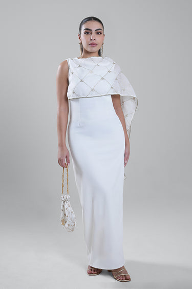 فستان بكتف واحد مع وشاح مطرز