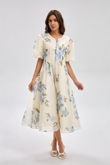 فستان ميدي بطبعة زهور وأكمام منفوخة