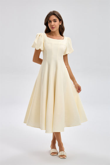 Puff Sleeve Flared Fit Midi Dress