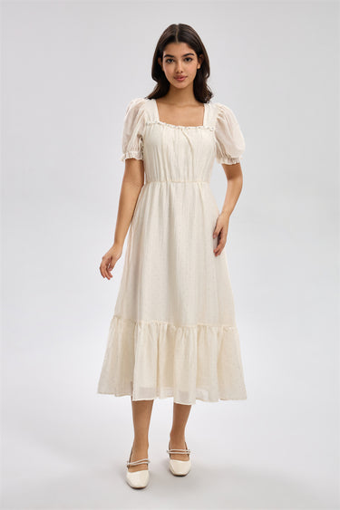 Puff Sleeve Tiered Fit Midi Dress