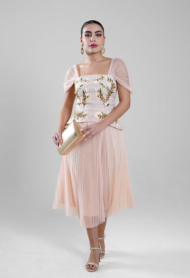 pleated embroidered dress Women's Round Neck Embroidered Pleated Loose Dress