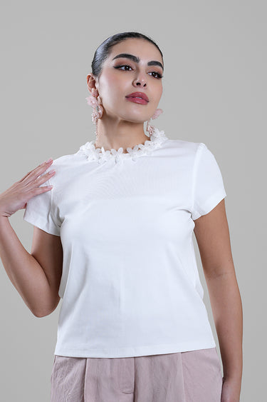 Top with Floral Neck Detail