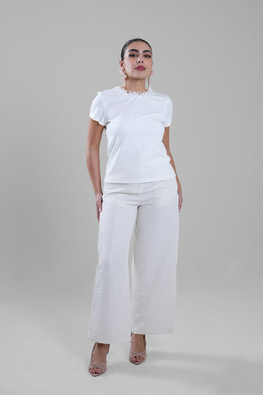 High-Waist Textured Wide-Leg Trousers