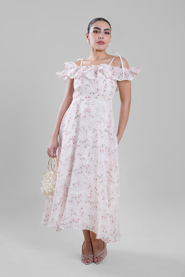 فستان مورد بكشكش ورباطات كتف