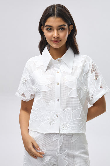 قميص دانتيل شفاف بأكمام قصيرة