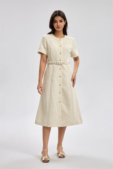 Women's Belted Textured Midi Dress