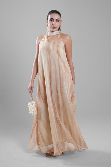 فستان نسائي طويل بقبة هالتر مدورة