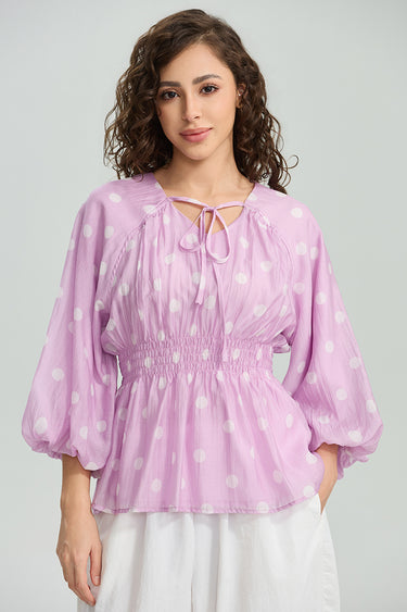 Polka Dot Tie Neck Peplum Blouse