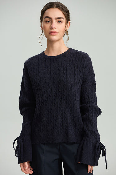 Cable Knit Sweater with Tie Cuffs