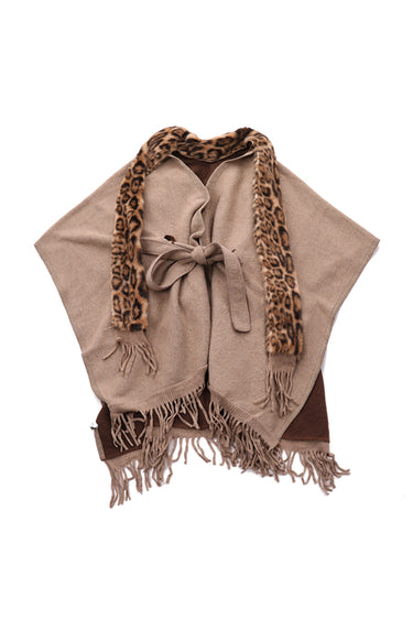 Fringed Cape Shawl with Print Trim
