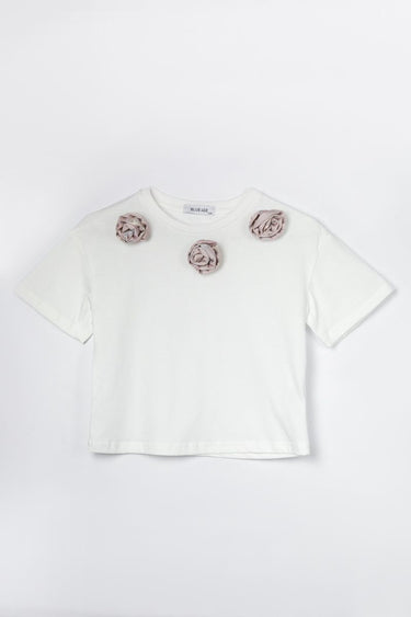 Girls Top With Front Contrast Flower Ornaments