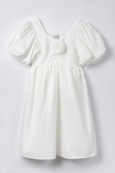 Solid Colored Girl Dress With Puffed Sleeves