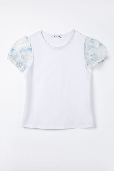 Girls Top With Chiffon Embroidered Sleeves