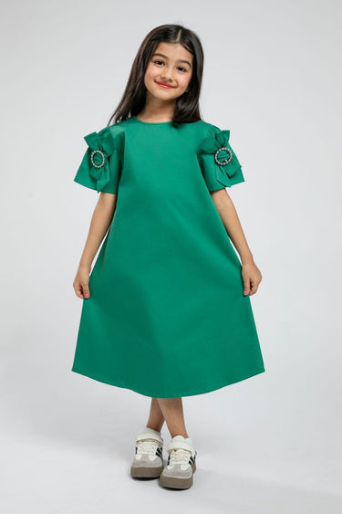 Girls Dress With Bow Sleeves And Ring Detail