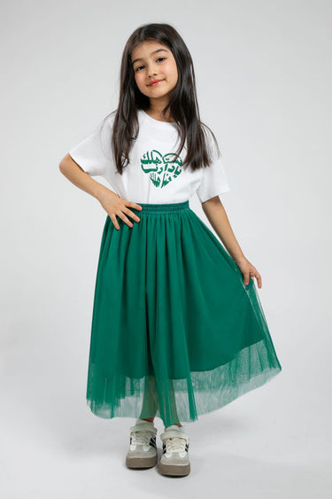 Girls Midi Skirt With Sheer Mesh Overlay