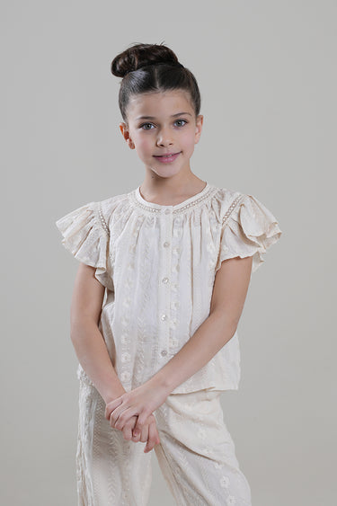 قميص بناتي بأزرار وأكمام مزينة بالكشكش