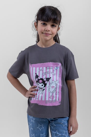 تيشيرت بنات بأكمام قصيرة وطباعة كرتونية