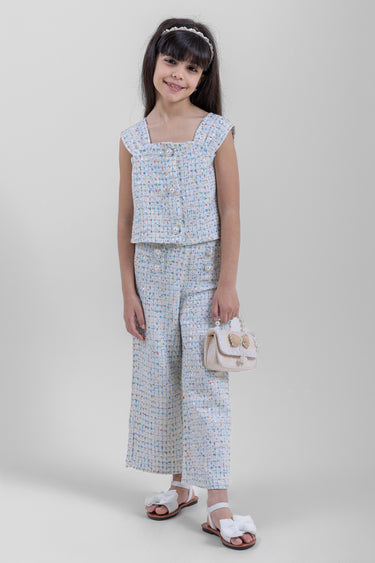 بنطلون بناتي واسع الساق بقماش منقوش