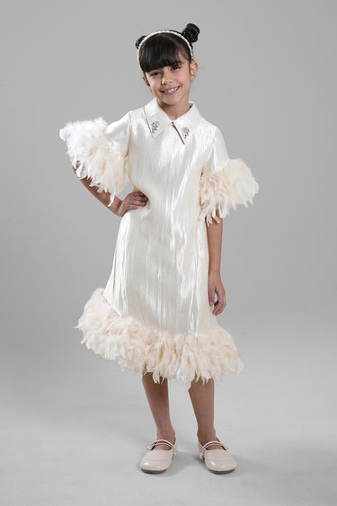 Girls Feather Trim Collared Dress